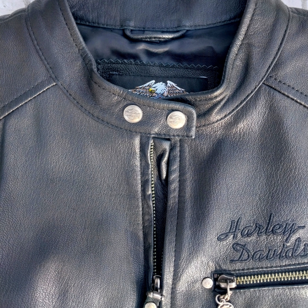 Harley Davidson Shadow City Black Leather Women's Motorcycle Jacket Eagle Back